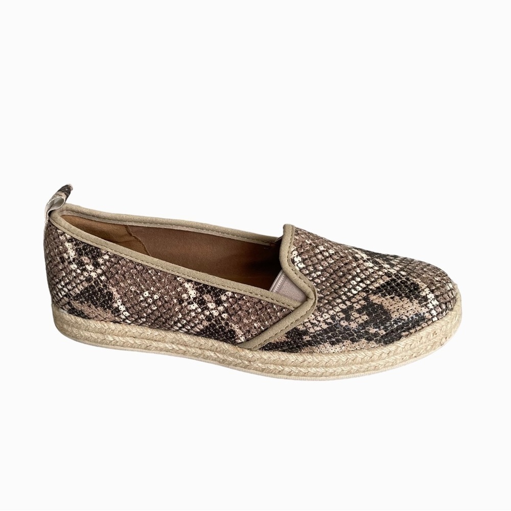 CLARKS Tan Brown Snake Print Slip On Espadrilles Shoes 8.5
